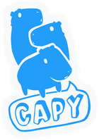 The game developer Capy / Capybara Games logo. It has a blue fill in with white outlines. There are three cartoony capybara's stacked on top of eachother. The bottom one has a speech bubble at the bottom that says Capy.