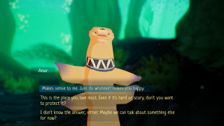 Mythic Ocean screenshot. You are talking to a four-armed otterlike creature visual novel style.