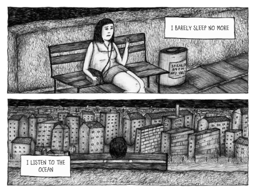 A screenshot from the game Stilstand. Its in a sketchy, comic book style with multiple panels.