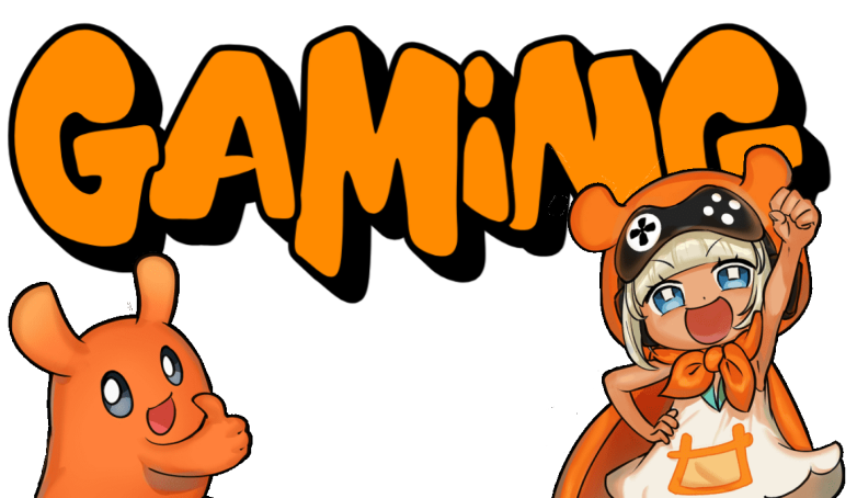 Gaming logo. Gig and Score-chan from the Piczle puzzle game series stand in front of the stylized logo GAMING with thumbs up. Gig is an orange rabbit. Score-chan is a young chibi girl in all orange and a white dress.